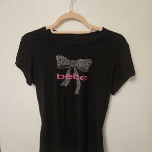 Bebe NWOT Black T-Shirt with Rhinestone Bow